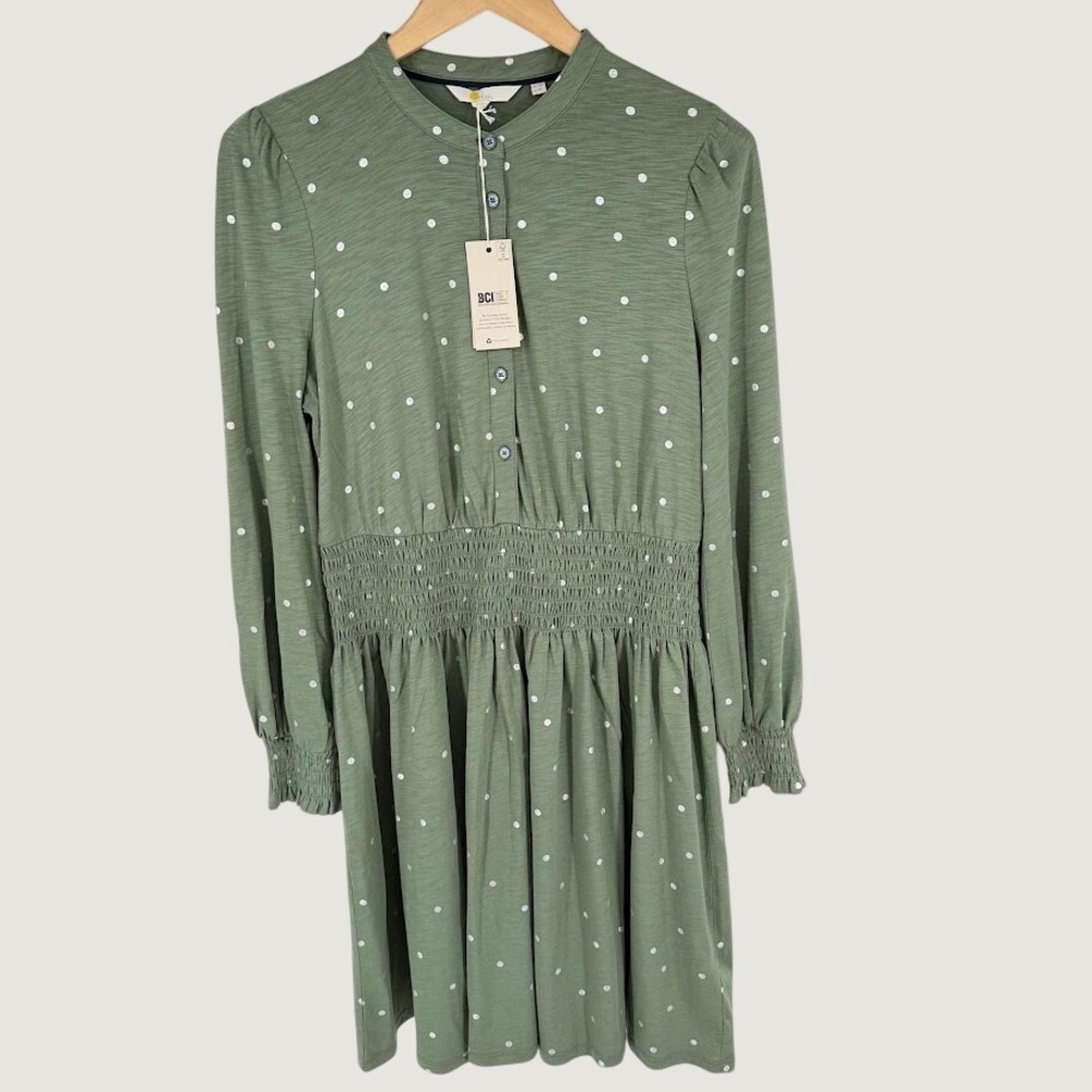 NEW Boden Smocked Jersey Shirt Dress Size 8R Green Metallic Polka Dot Modest